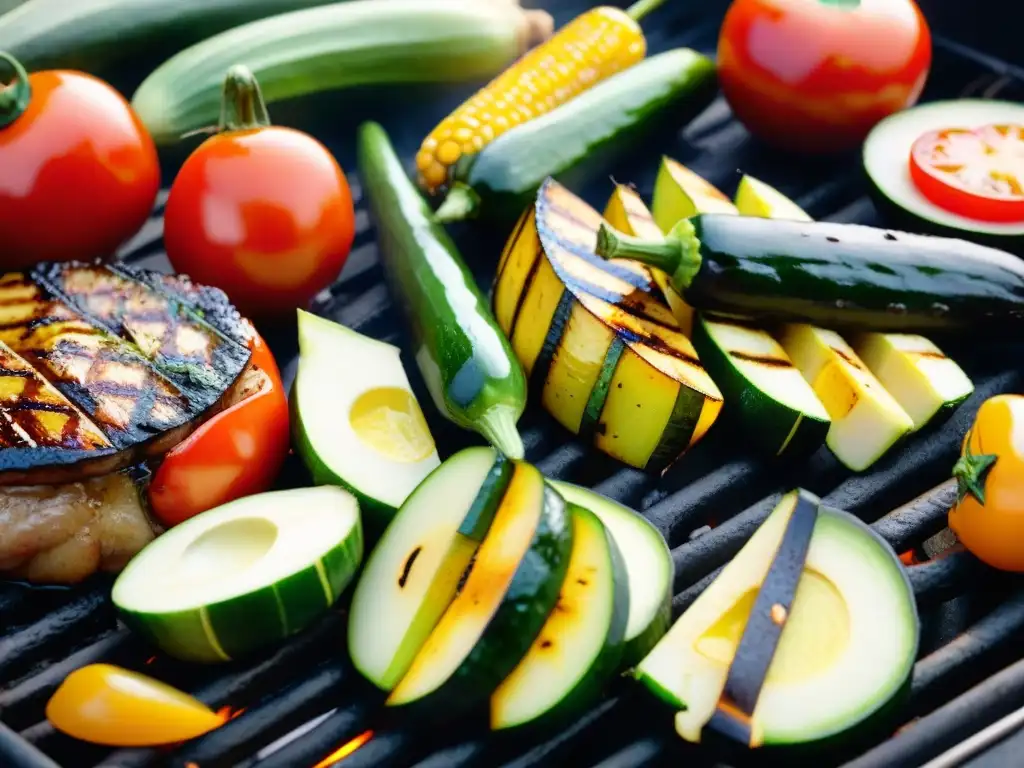 Vegetales asados vibrantes y jugosos, con marcas de parrilla y hierbas frescas, bajo el sol de verano