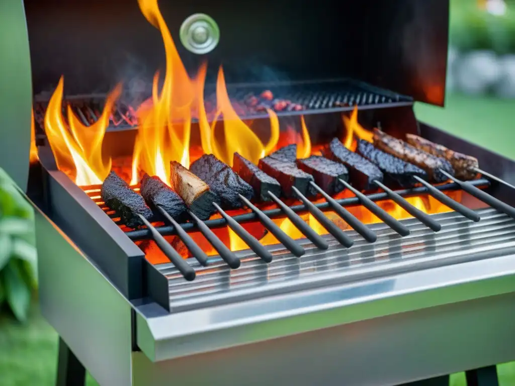 Ventiladores de carbón para asados: Parrilla moderna con llamas anaranjadas y rojas, creando un ambiente cálido y acogedor en el patio trasero