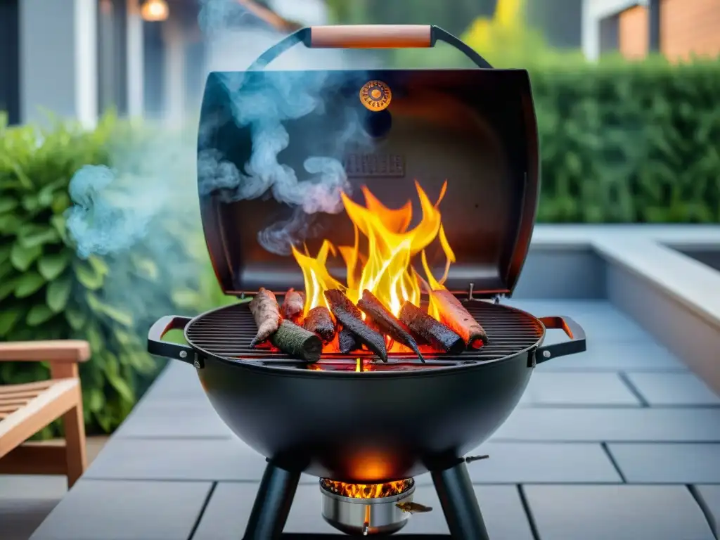 Ventiladores de carbón para asados: parrilla moderna con brasas naranjas brillantes listas para encender, en un patio soleado y arbolado