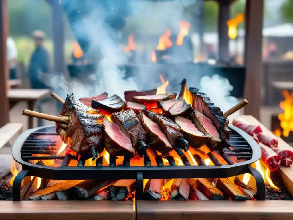 Verdades y mentiras parrillas asado: parrilla uruguaya tradicional llena de carnes entre brasas y humo, en entorno rústico cálido