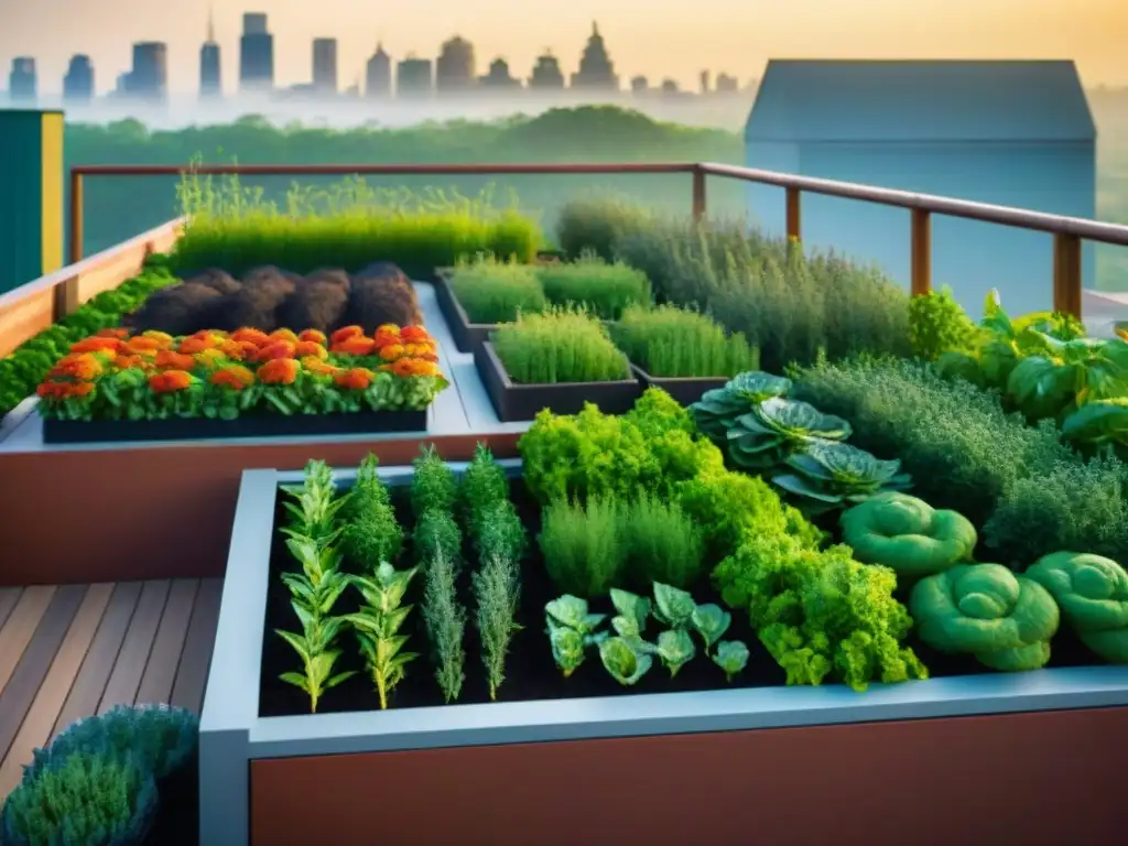 Un jardín verde vibrante con hierbas y vegetales, ideal para una parrillada sostenible en un entorno ecofriendly