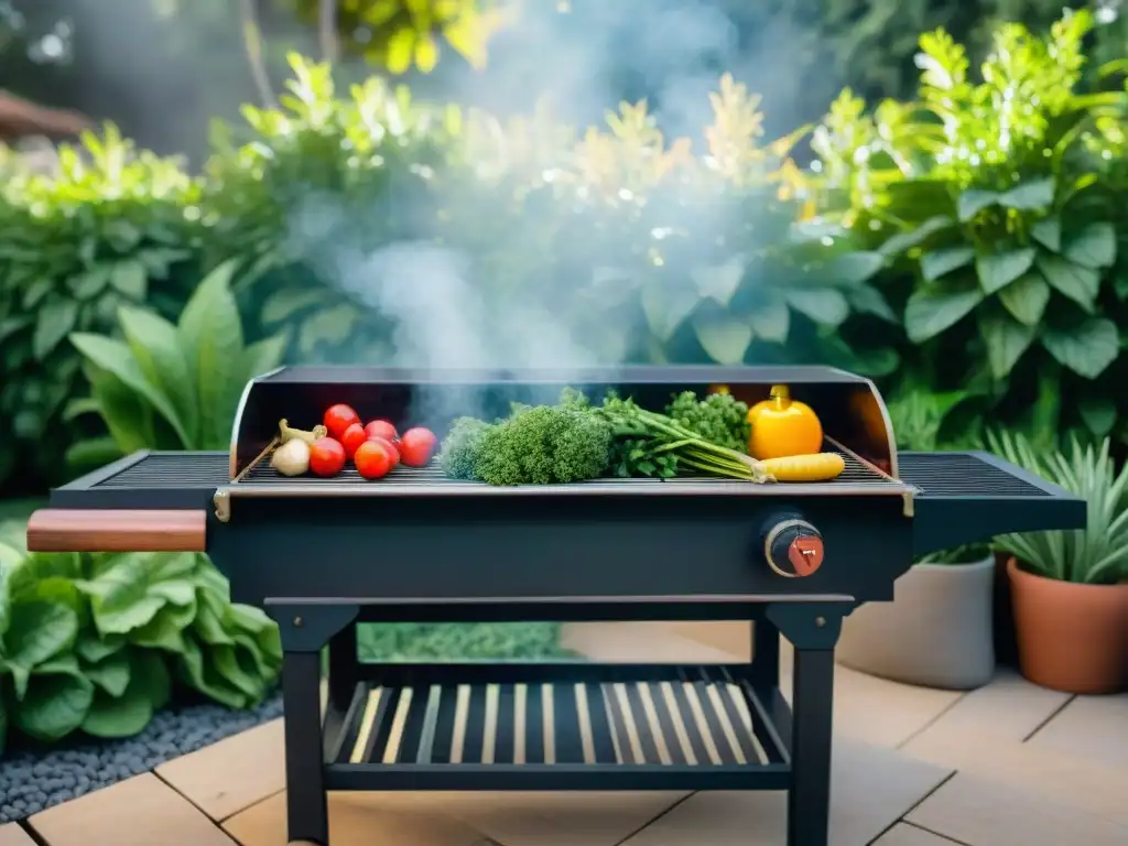 Un jardín verde y vibrante con vegetales frescos y una parrilla argentina al sol, ideal para un asado sostenible