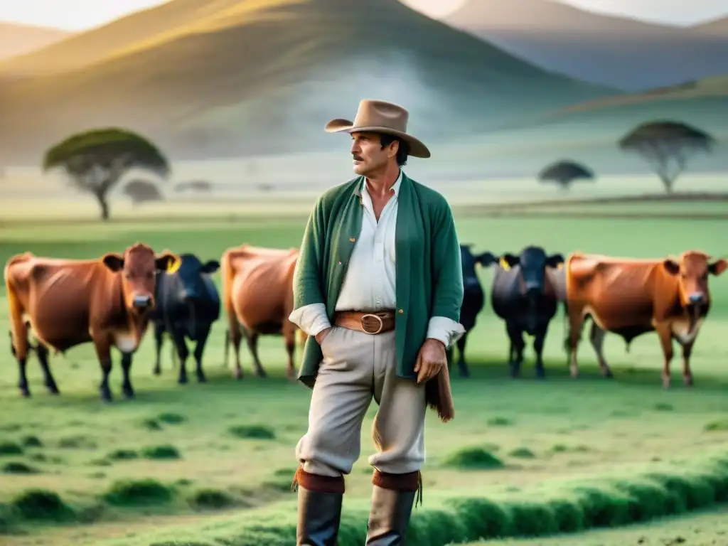 En las verdes llanuras de Uruguay, un gaucho tradicional junto a su majestuoso ganado al atardecer