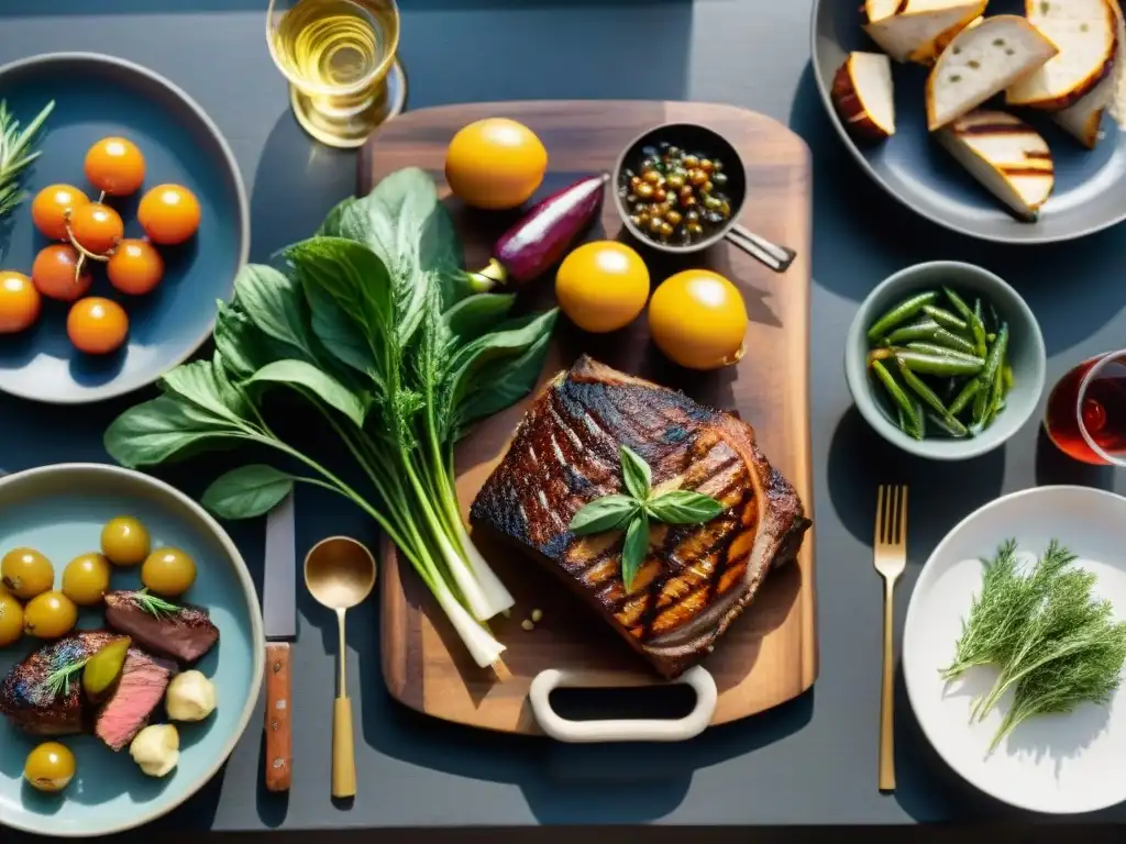 Vermuts caseros para carne asada en mesa rústica para barbacoa al sol dorado