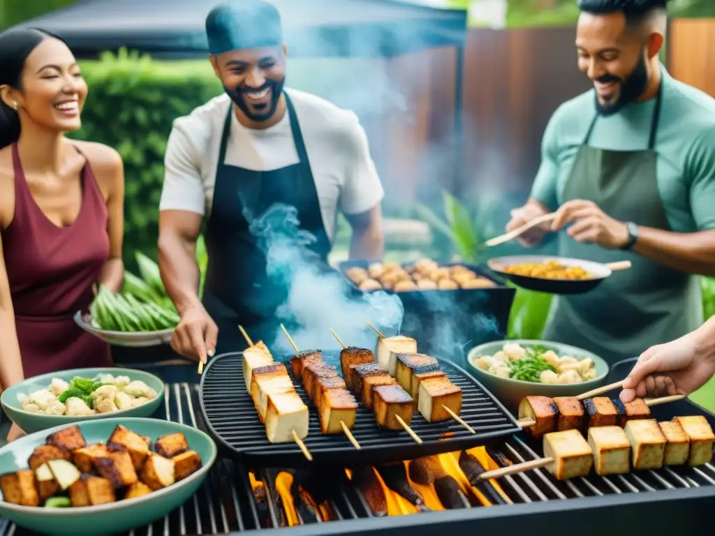 Un vibrante asado al aire libre con tofu y tempeh, gente diversa disfrutando y cocinando platos innovadores