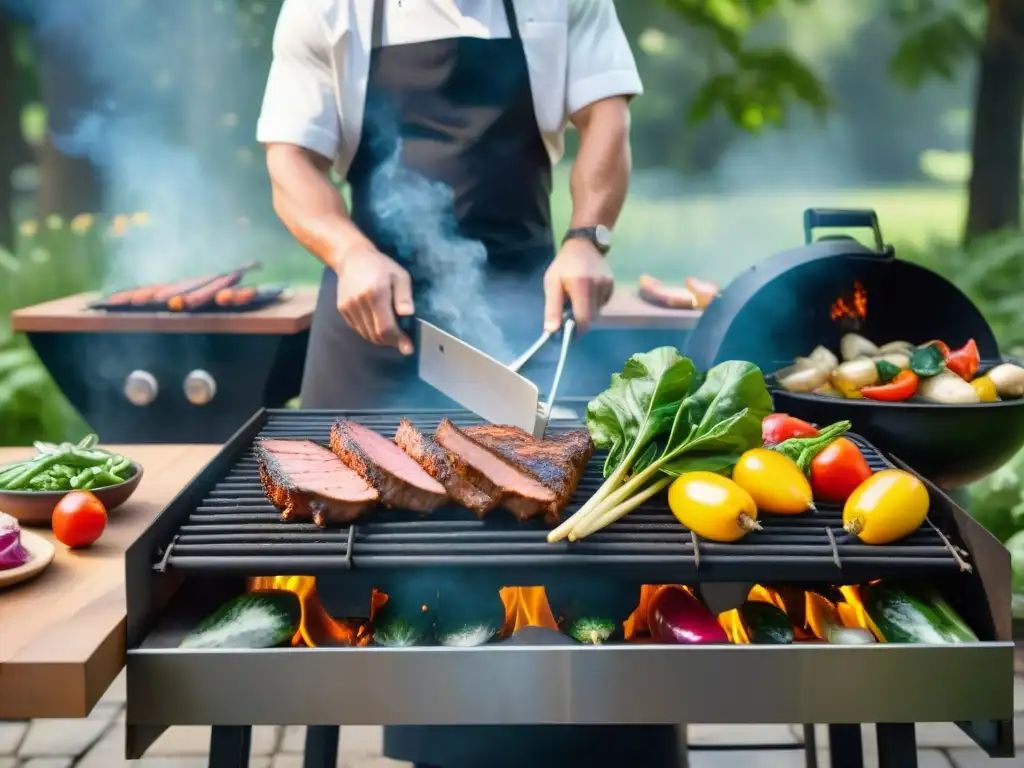 Un vibrante asado al aire libre con vegetales y carnes magras en la parrilla