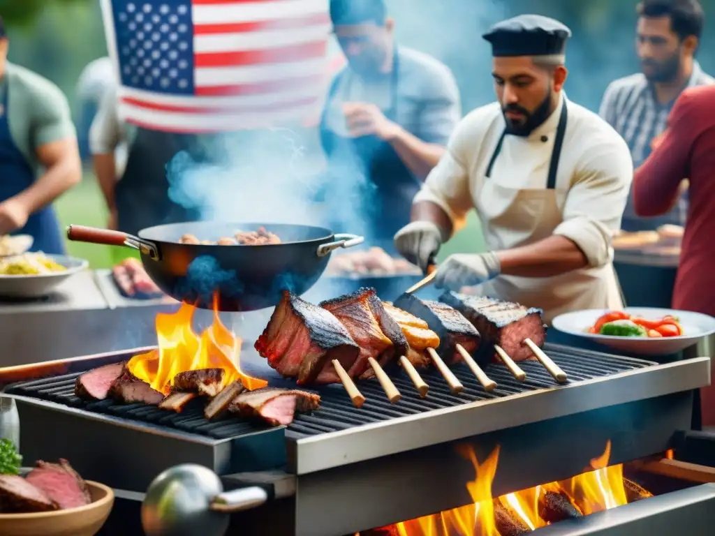 Un vibrante asado multicultural con un chef internacional experto, rodeado de personas y banderas internacionales