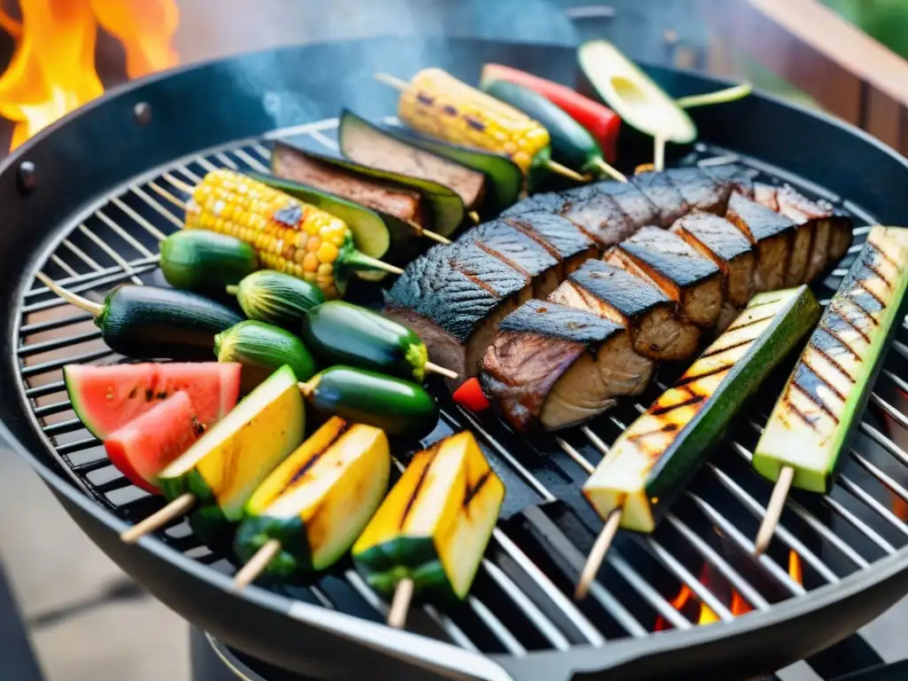 Un vibrante asado con opciones vegetales beneficios: setas marinadas, maíz a la parrilla, brochetas de pimientos y calabacines, y sandía jugosa