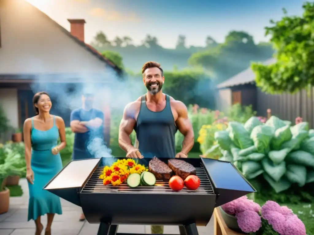 Un vibrante asado solar paso a paso en un jardín sereno, rodeado de vegetación exuberante y flores coloridas, con personas felices disfrutando juntas