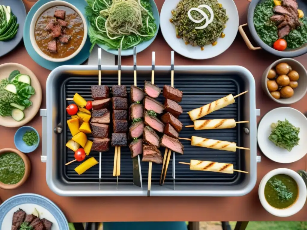 Un vibrante asado uruguayo al aire libre con carne de canguro marinada, rodeado de deliciosos acompañamientos tradicionales