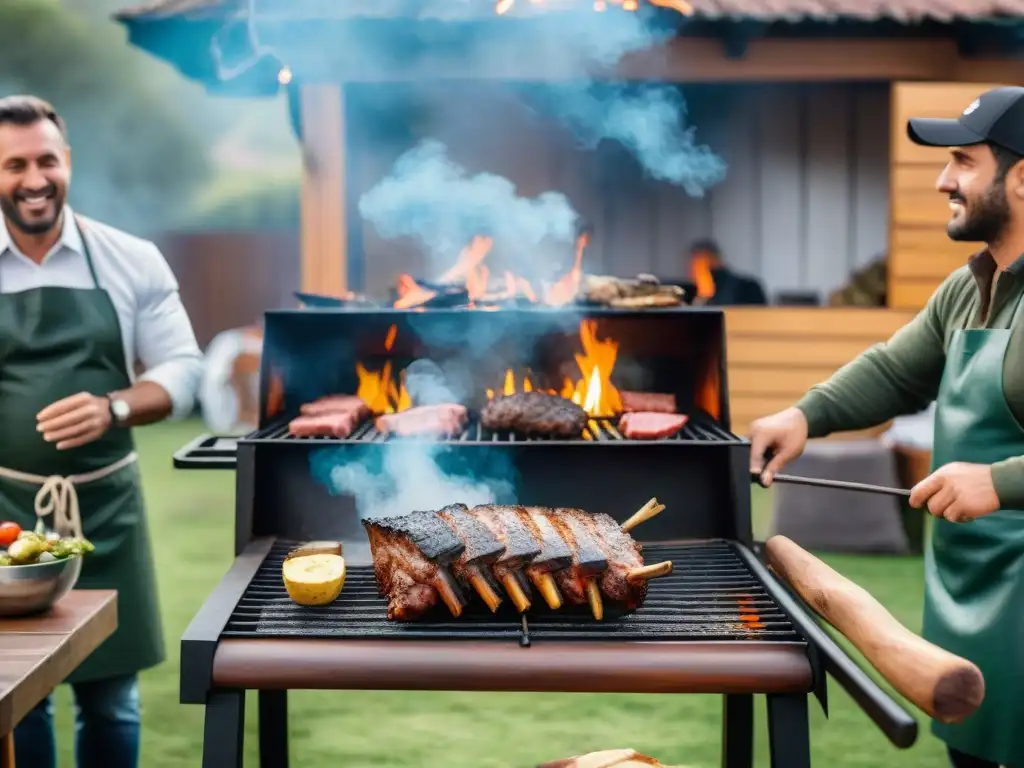 Experiencia auténtica: Asado uruguayo en jardín acogedor Vibrante asado uruguayo al aire libre: parrilla llena de carne, grupo disfrutando juntos