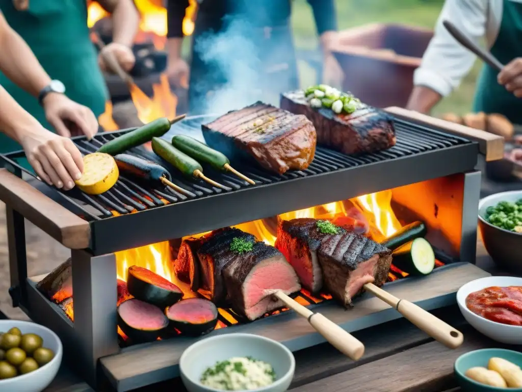 Vibrante asado uruguayo con amigos y familia alrededor