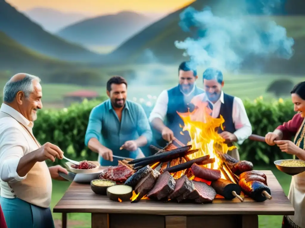 Vibrante asado uruguayo en el campo: gauchos preparan carnes en parrilla, mesa larga con jacarandas en flor