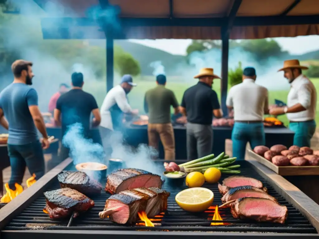 Vibrante asado uruguayo: carnes sizzling en parrilla, gente disfrutando, colores y alegría