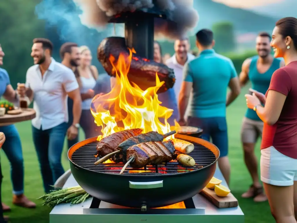 Un vibrante asado uruguayo en un evento al aire libre, rodeado de gente alegre y coloridas decoraciones