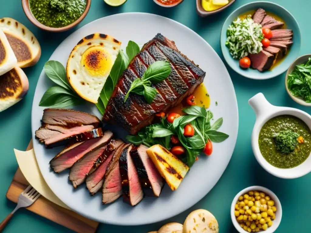 Un vibrante asado uruguayo con Gauchos y deliciosas carnes a la parrilla, acompañado de chimichurri y pan rústico en un paisaje campestre