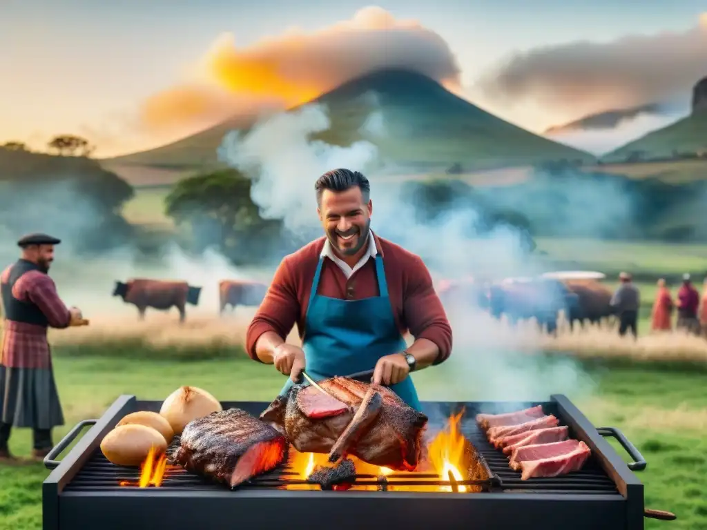 Un vibrante asado uruguayo en la historia de tradiciones, con gente disfrutando en la naturaleza al atardecer