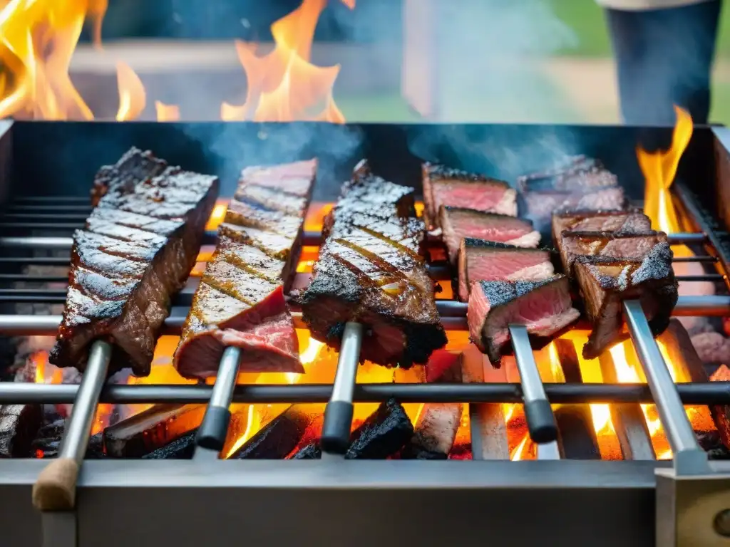 Vibrante asado uruguayo con la mejor carne sizzling en brasas, manos expertas y paisaje campestre