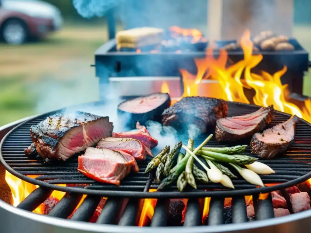 Vibrante asado uruguayo en las mejores parrillas, con carnes variadas en la parrilla, llamas y humo en el campo