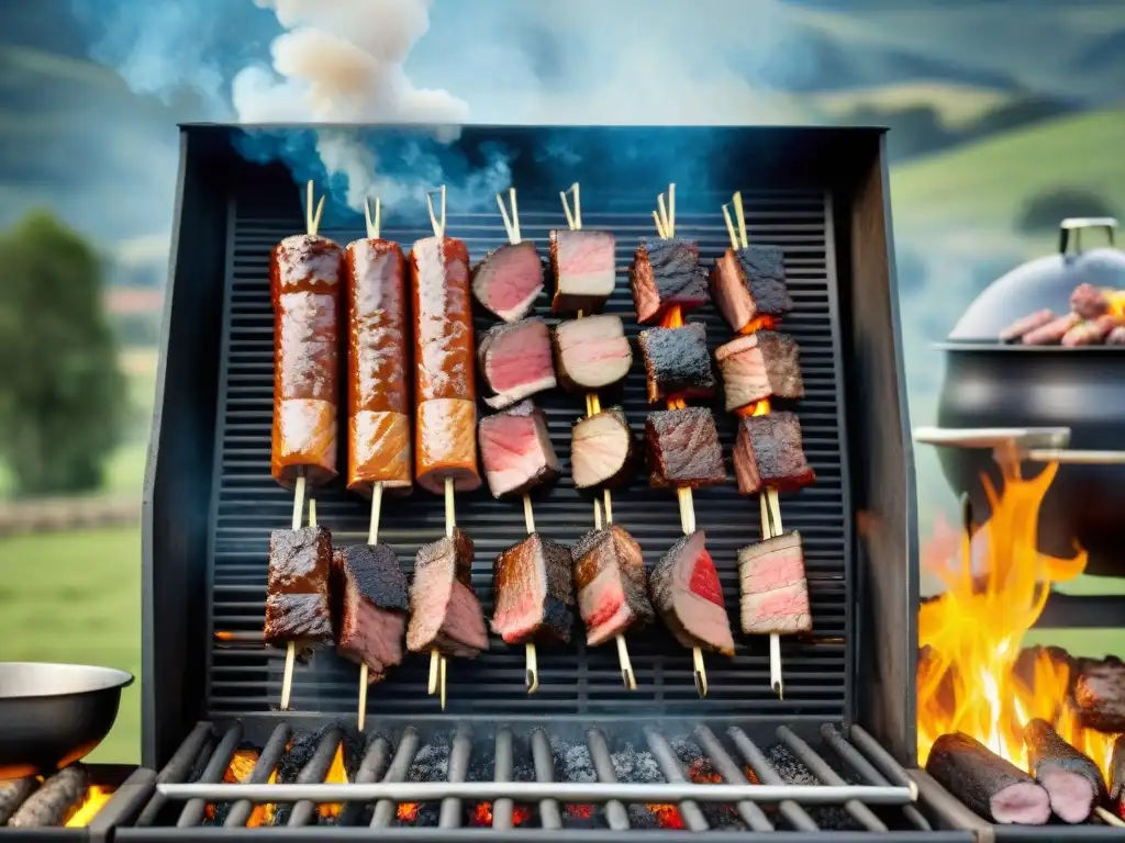 Un vibrante asado uruguayo en la parrilla al aire libre, con cortes de carne sizzling sobre brasas, en un festival campestre