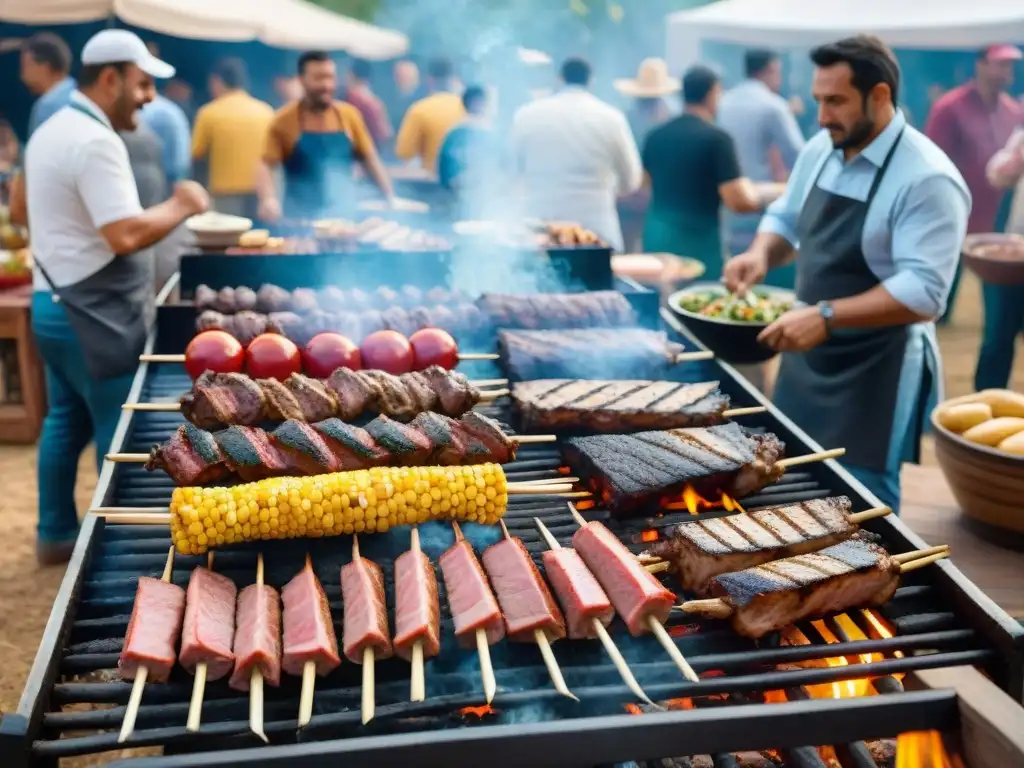 Celebración vibrante de un asado uruguayo con parrillas, música y comunidad