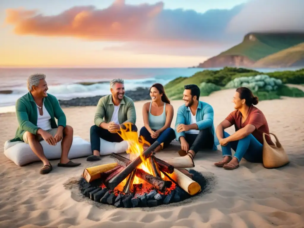 Un vibrante asado uruguayo en la playa, amigos alrededor de la fogata