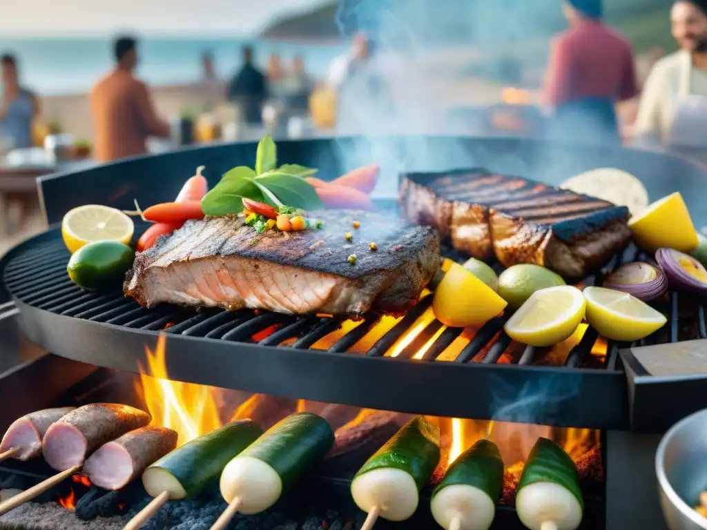 Un vibrante asado uruguayo de 'mar y tierra' con frutos del mar en asado, rodeado de amigos y familia junto al mar