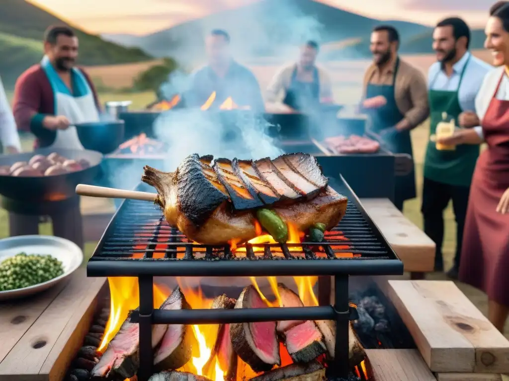 Un vibrante asado uruguayo con preparación tradicional: gauchos, carne, chimichurri y brindis al atardecer