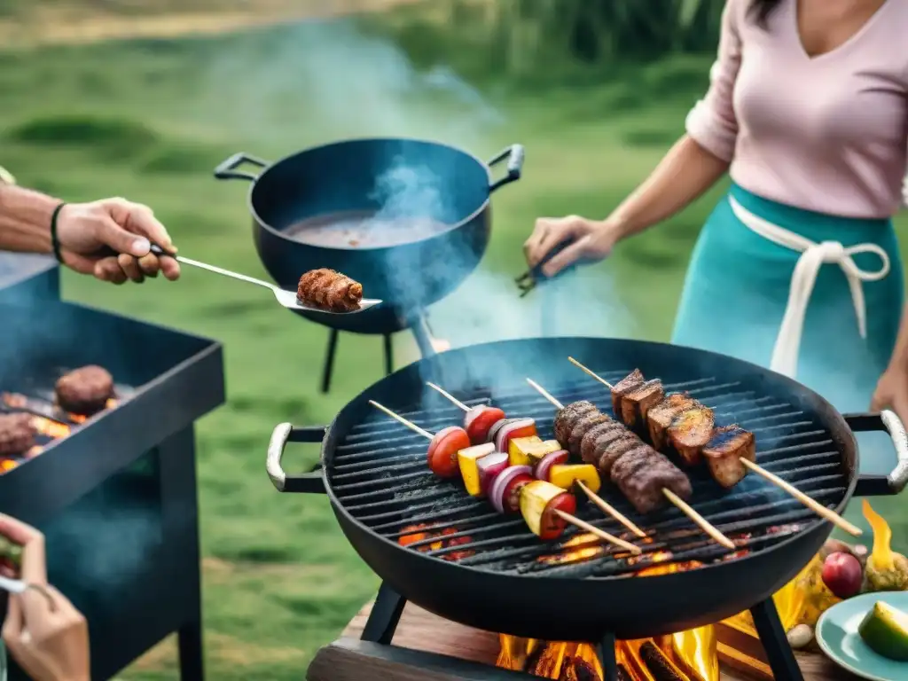 Un vibrante asado vegano en Uruguay con comida y personas sonrientes en un paisaje campestre