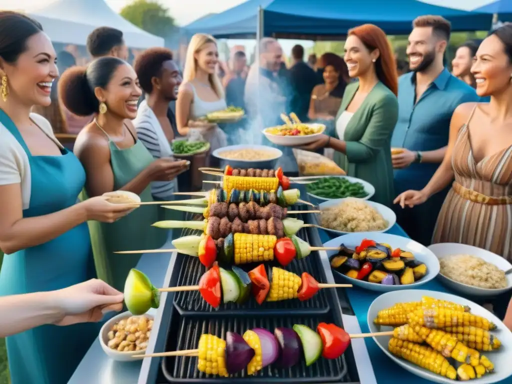 Un vibrante asado vegano: debate y recetas en un ambiente festivo y comunitario bajo el cielo azul al atardecer