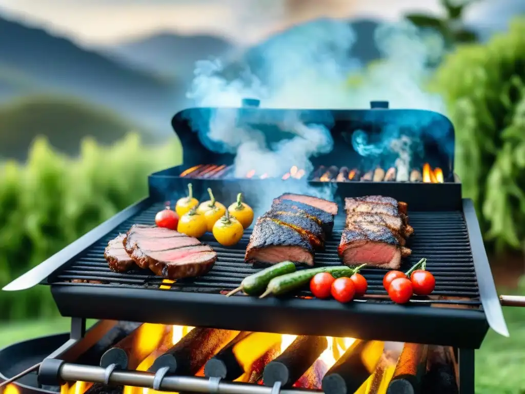 Un vibrante asado vegano en Uruguay con deliciosas carnes y verduras a la parrilla en un entorno acogedor y natural