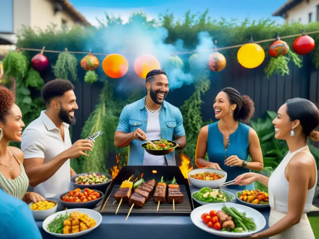 Un vibrante asado vegano innovador: comida colorida, gente diversa y alegría compartida en una terraza soleada