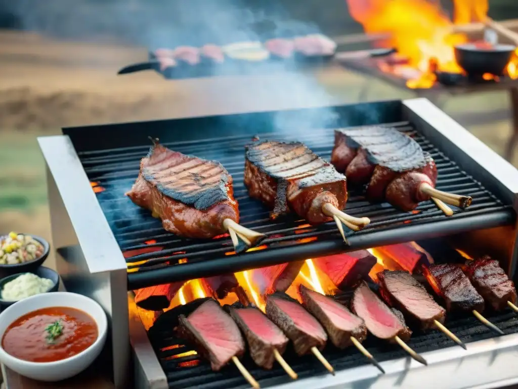 Vibrante atardecer en el campo uruguayo con asado y marinado perfecto para asado uruguayo