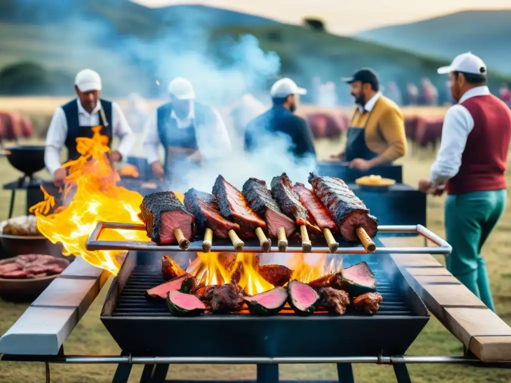 Vibrante competencia de asado uruguayo en el campo: parrillas, jueces, multitud