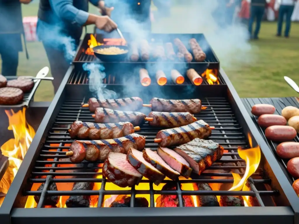 Vibrante competencia de asado uruguayo con participantes y carnes perfectamente cocidas