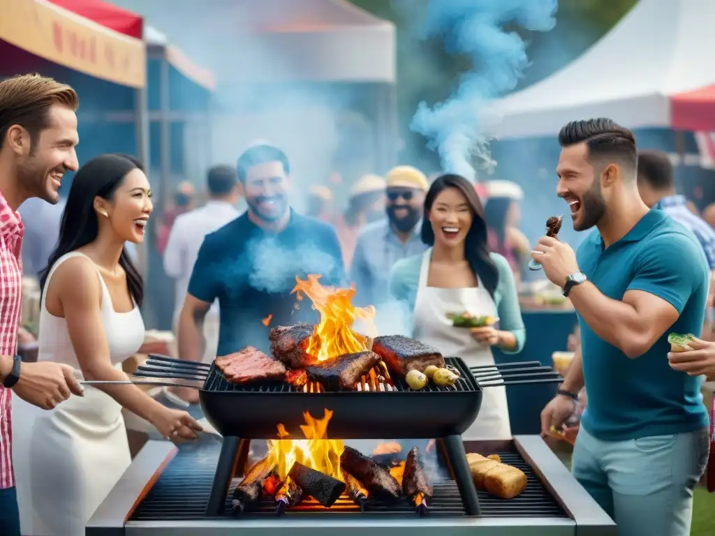 Un vibrante concurso de asado con competidores entusiastas y espectadores asombrados