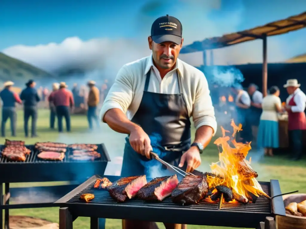 Vibrante concurso de Asado Uruguayo Tradicional: gauchos expertos asando carne en paisaje pintoresco