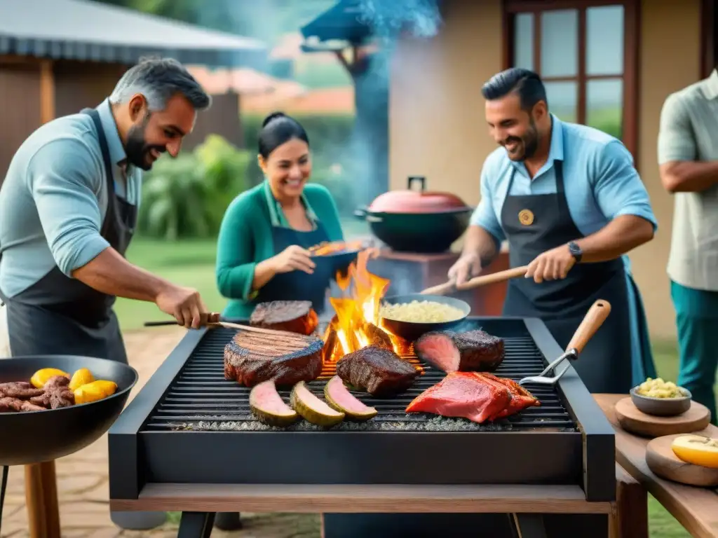 Un vibrante curso parrillada asado uruguayo con asado, estudiantes y ambiente acogedor