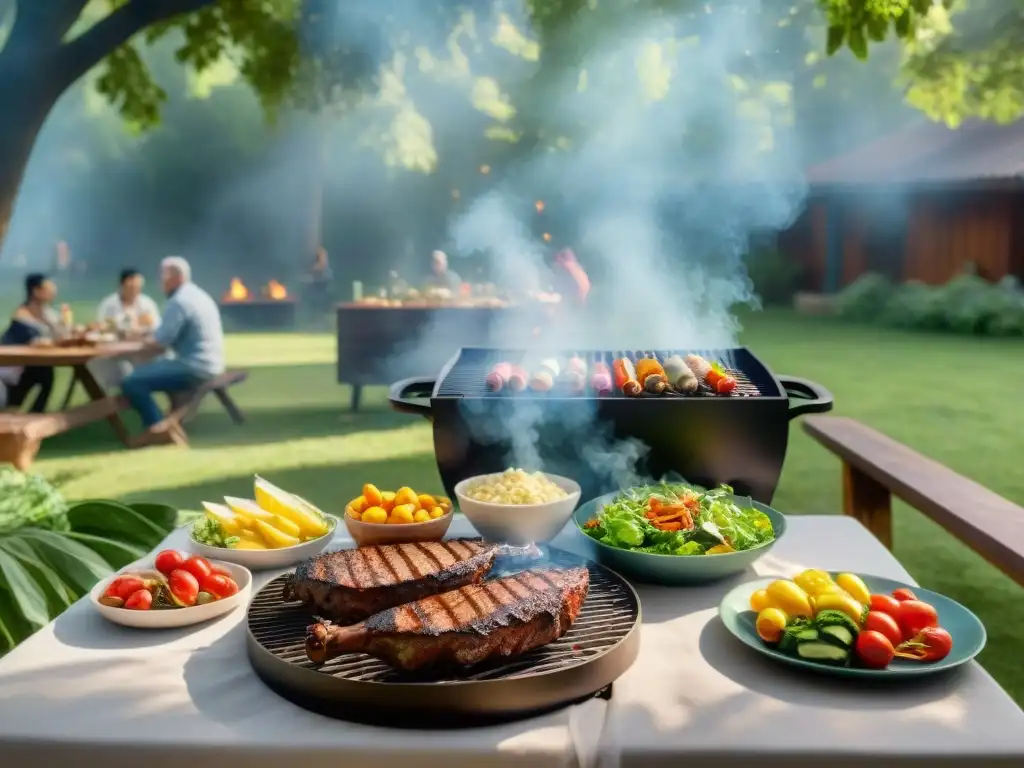 Vibrante escena de asado al aire libre con diversidad de personas adaptando recetas para alergias en un ambiente cálido y acogedor