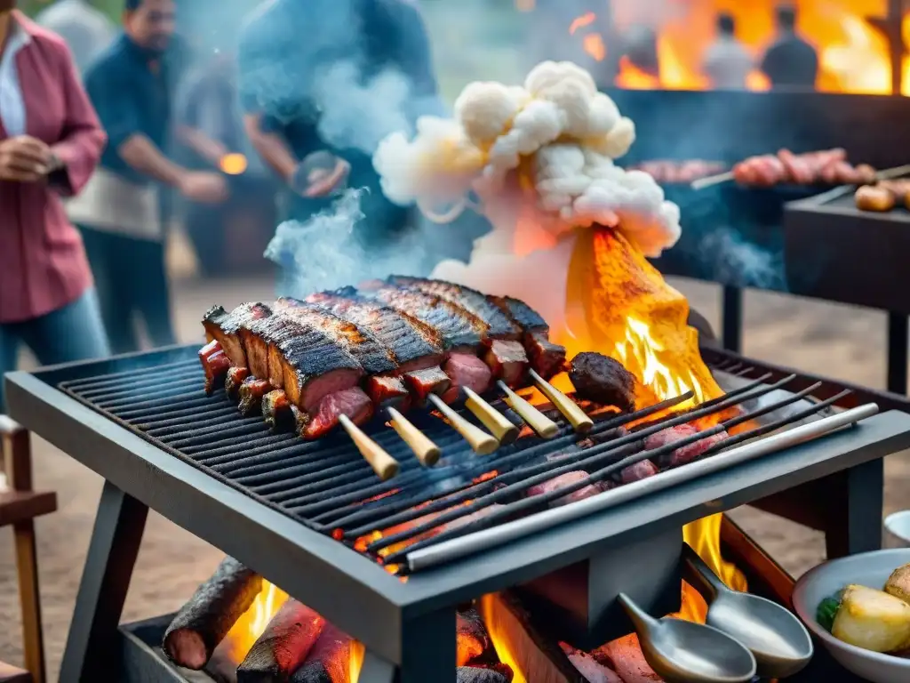 Vibrante escena de un asado tradicional uruguayo con gauchos, resaltando la marca personal asado Uruguay