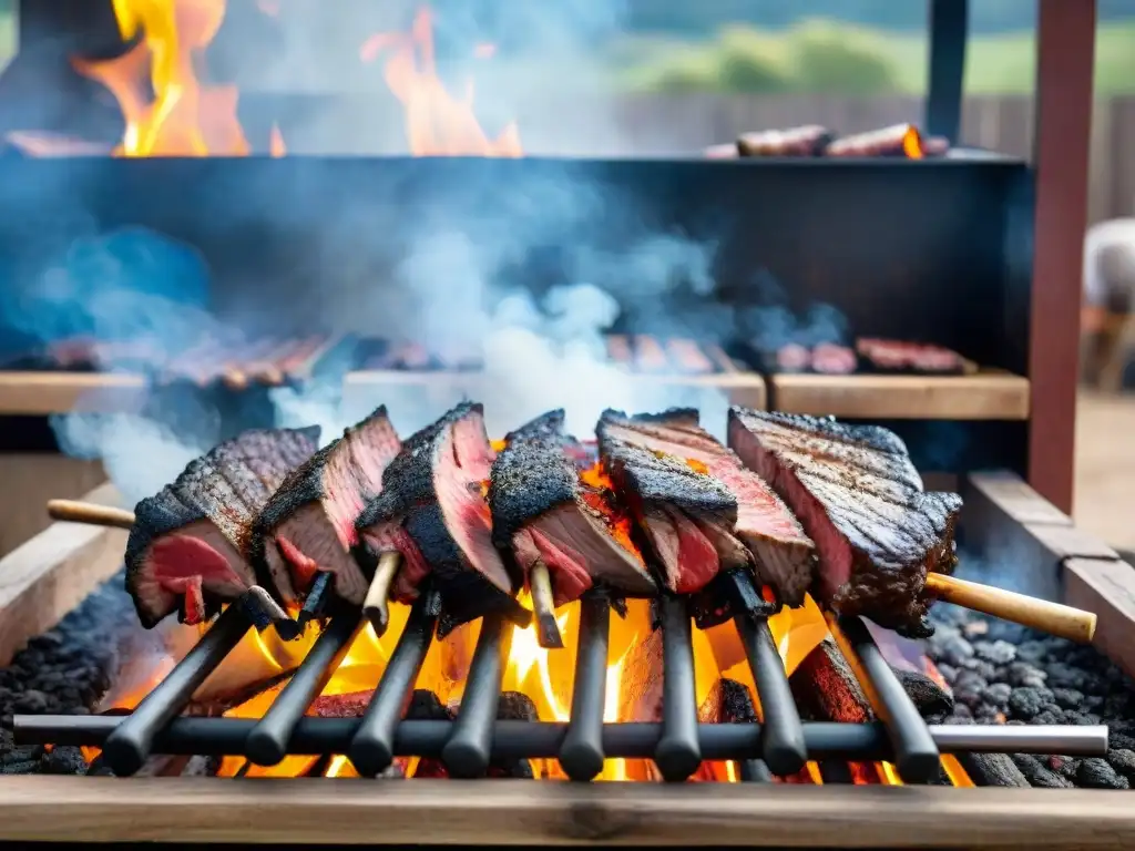 Vibrante escena de un asado uruguayo tradicional con cortes premium de carne asándose sobre brasas, en un entorno campestre