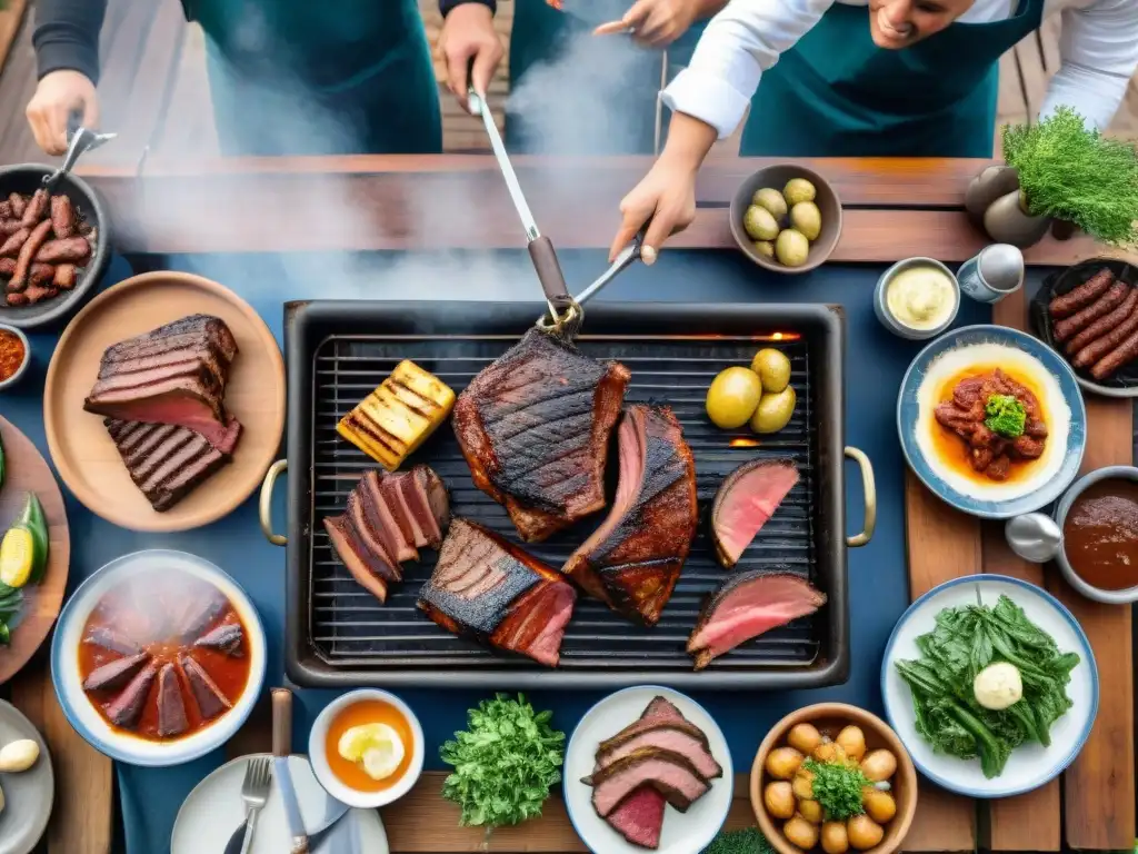 Vibrante escena de asado uruguayo en un curso de parrillada, con gente cocinando y ambiente rústico al aire libre