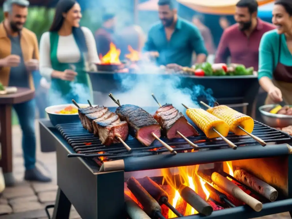 Una vibrante escena de un asado uruguayo tradicional con amigos y familiares disfrutando la celebración