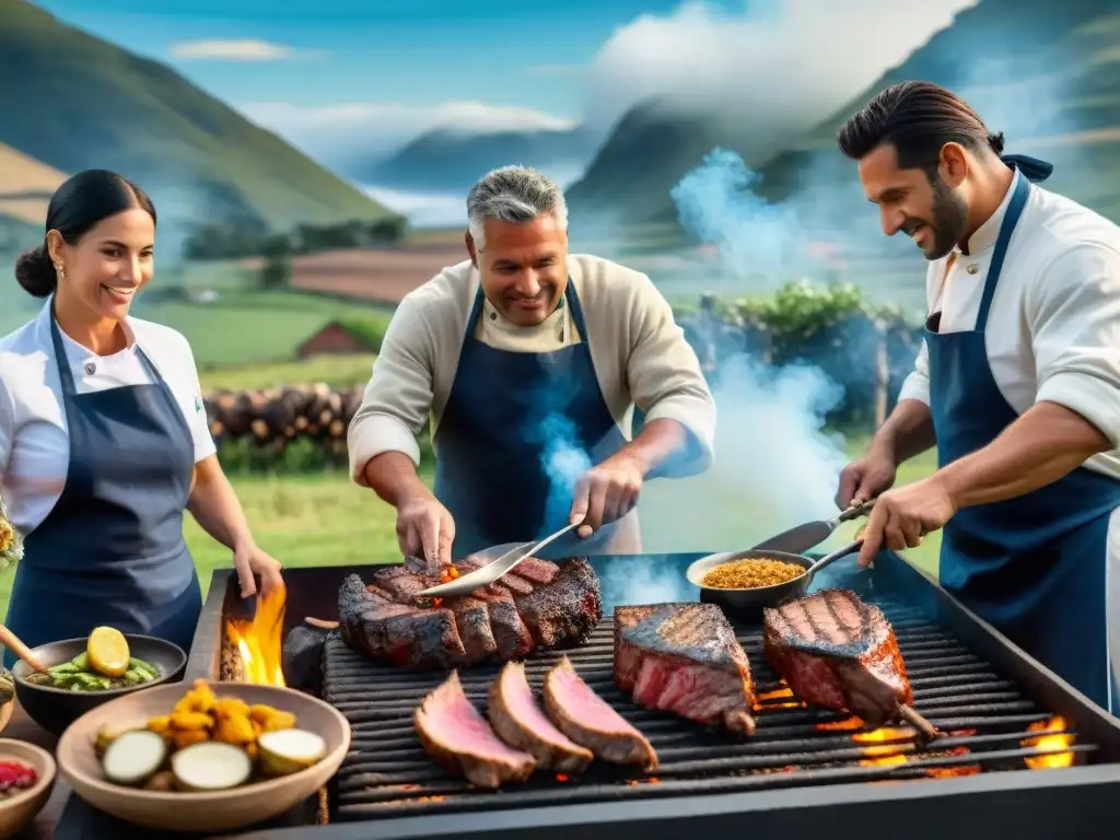 Vibrante escena de asado uruguayo con chefs expertos en certificaciones técnicas asado uruguayo, en paisaje campestre