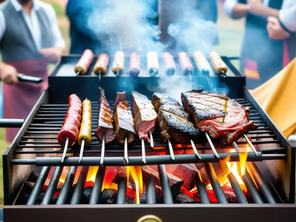 Disfruta la vibrante escena de un festival de asado en Uruguay con cortes premium sobre brasas y banderas coloridas ondeando