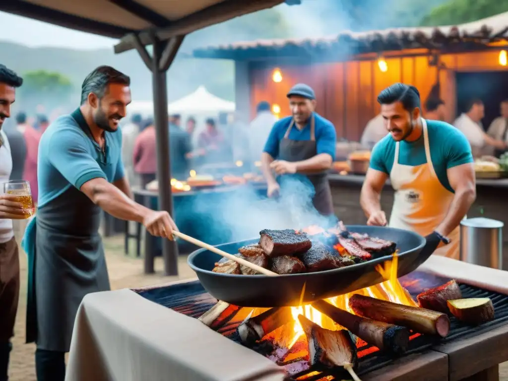 Vibrante escena del festival uruguayo del asado con gauchos junto a la parrilla