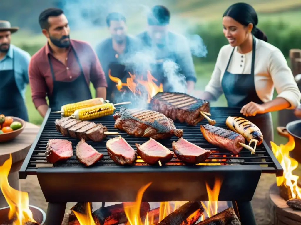 Una vibrante escena multicultural en un asado uruguayo, mostrando la diversidad y tradición