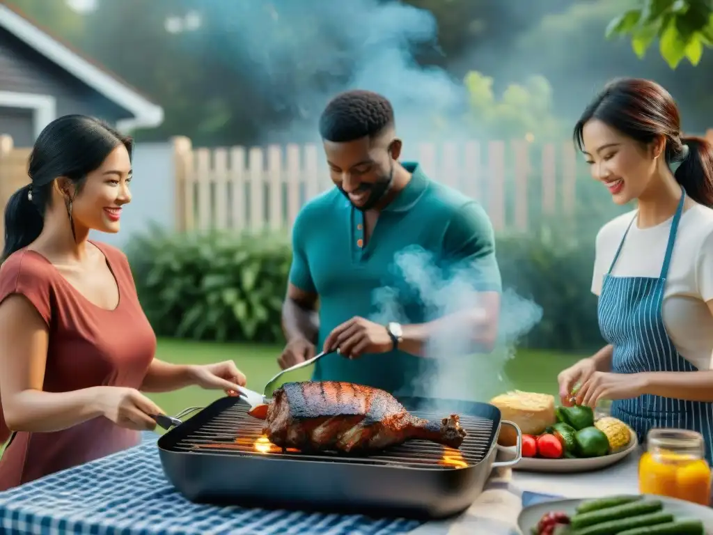 Vibrante escena de niños disfrutando de un asado en familia, creando recetas divertidas juntos