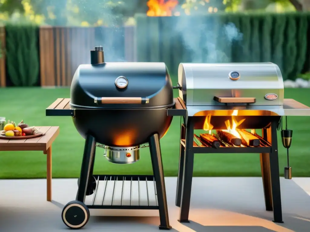 Vibrante escena de parrilla de leña vs gas: contraste entre tradición y tecnología en ambiente de barbacoa al aire libre