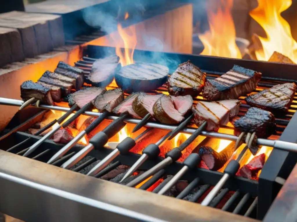 Vibrante escena de la parrilla uruguaya tradicional con gauchos y carnes asadas, revelando los Secretos del asado uruguayo tradicional